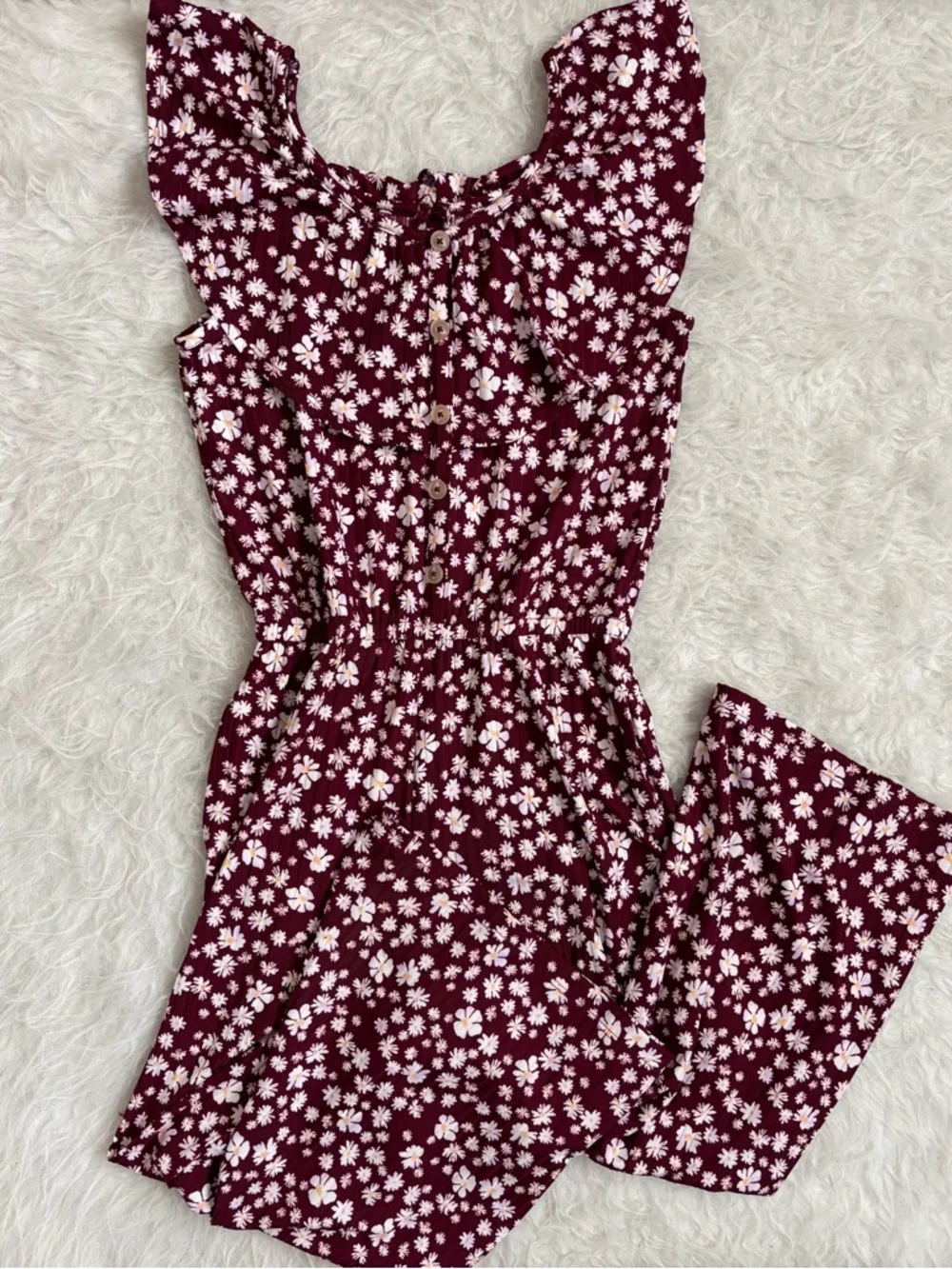 Justice Girls Burgundy Ditzy Floral Wide Leg Stretchy Romper